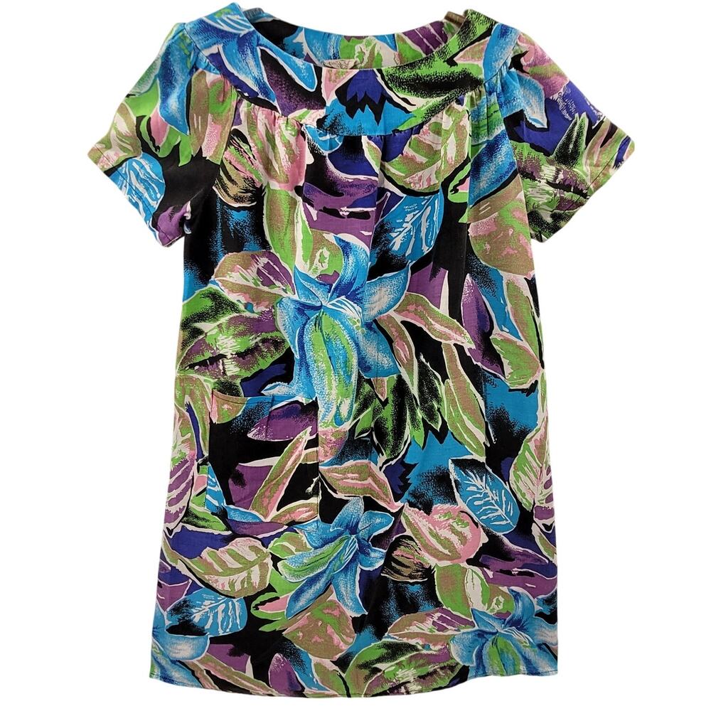 70s Vintage Blue Purple Tropical Floral Kaftan Moo Moo House Dress‎ Retro